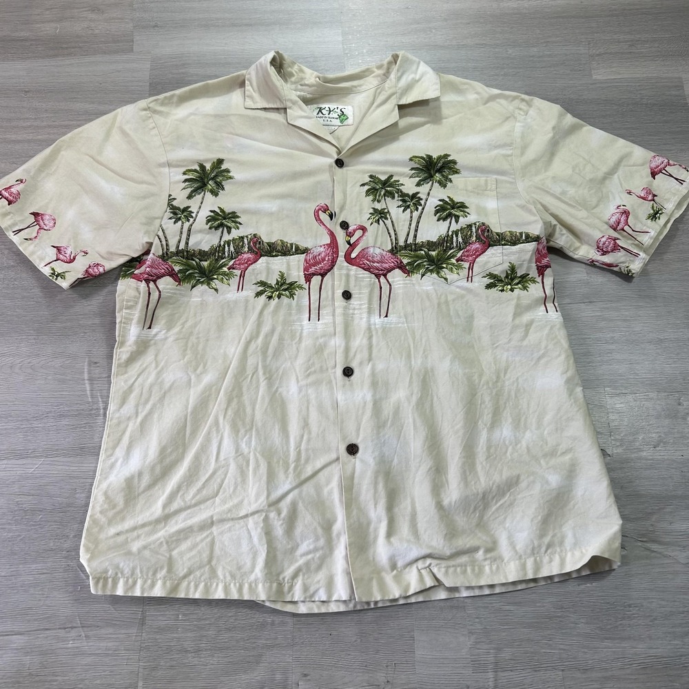 KY'S Shirt Mens Large Beige Flamingo Tropical Hawaiian Short Sleeve Button Up